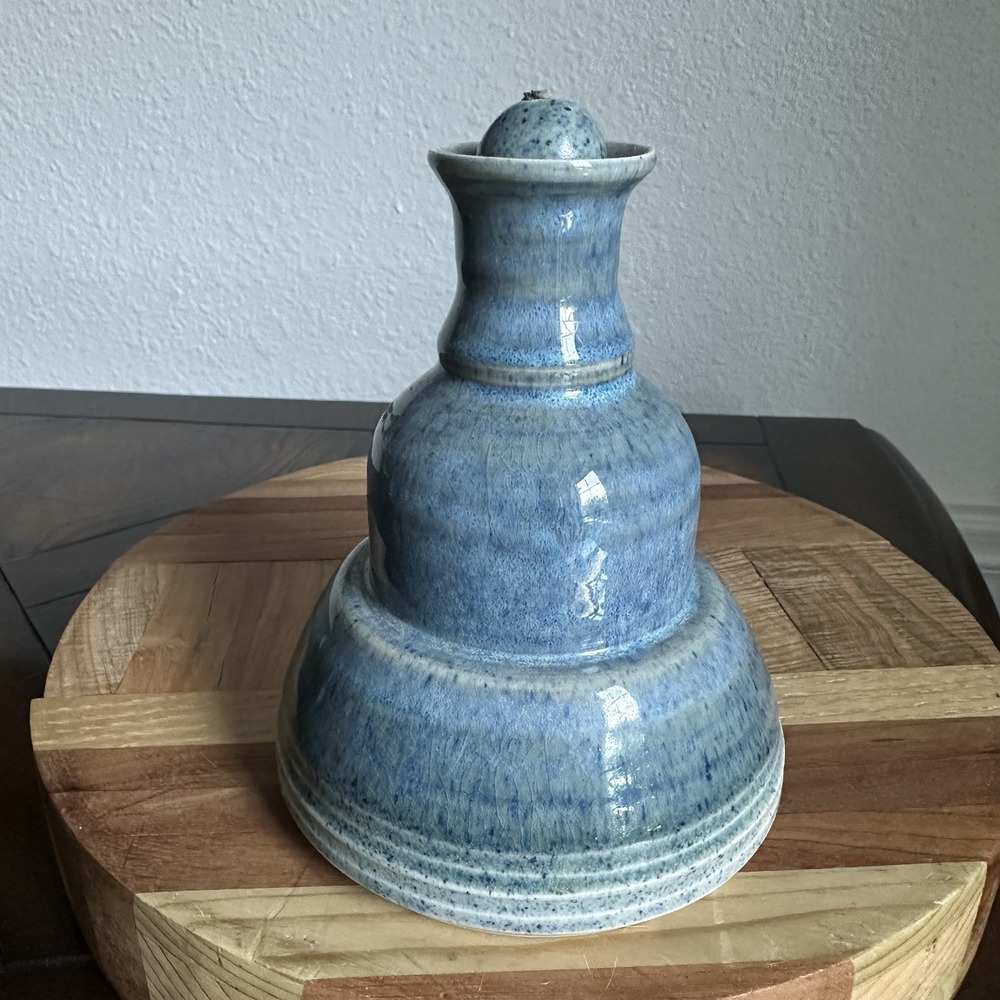 VTG James Reno Studio Art Pottery Oil Lamp 5.7 Inch Blue Drip Glaze Stoneware NY